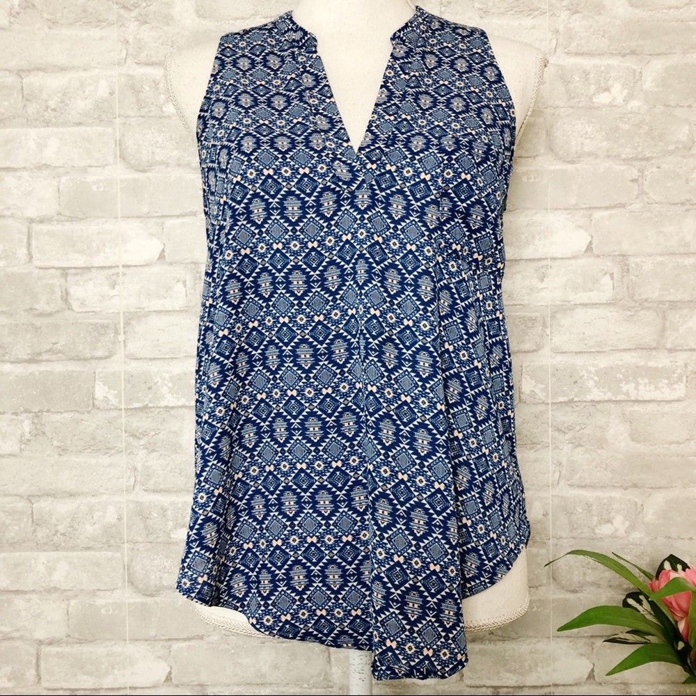 LUSH Boho Blue Mod Print Sleeveless V-Neck Tunic Tank-Top Blouse Size Small - Picture 14 of 15